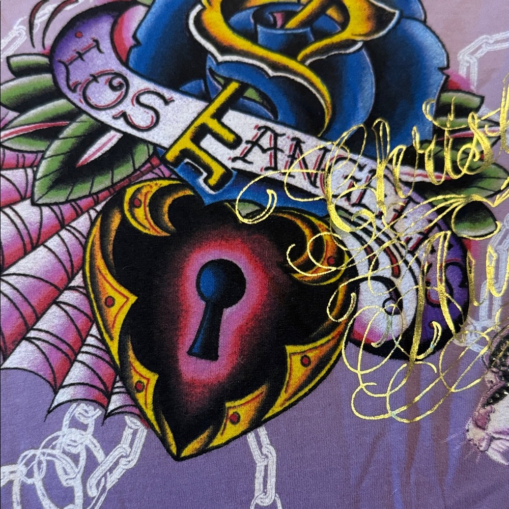 Y2K Christian Audigier Rhinestone Graphic Shirt - Purple - Picture 6 of 11